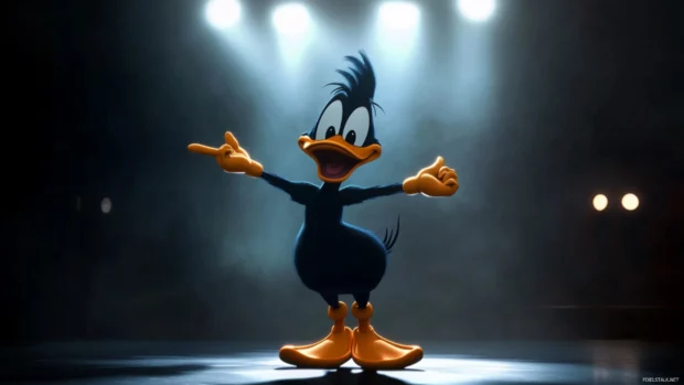 Daffy Duck wallpaper with him performing a dramatic pose on a stage under spotlights.