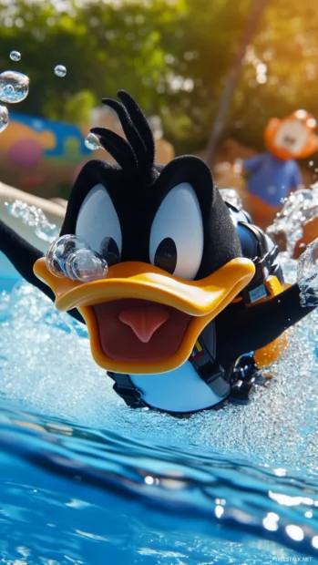Daffy Duck wears scuba gear and blows bubbles while diving into a kiddie pool.