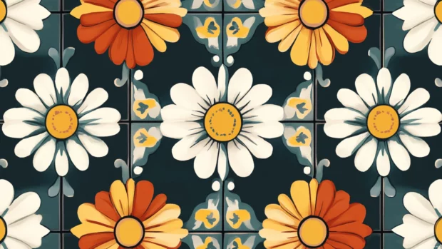 Daisy flowers arranged in a kawaii tile pattern.