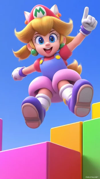 Daisy performing a high jump on a colorful platform, a vibrant Super Mario character.