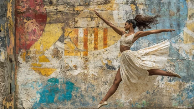 Dancer mid pose under faded slogan bursts on stone wall.