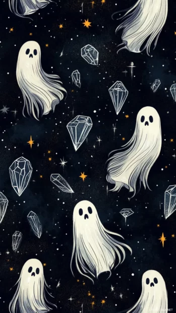 Dancing ghost characters repeat alongside stars and crystals in aesthetic tile design.