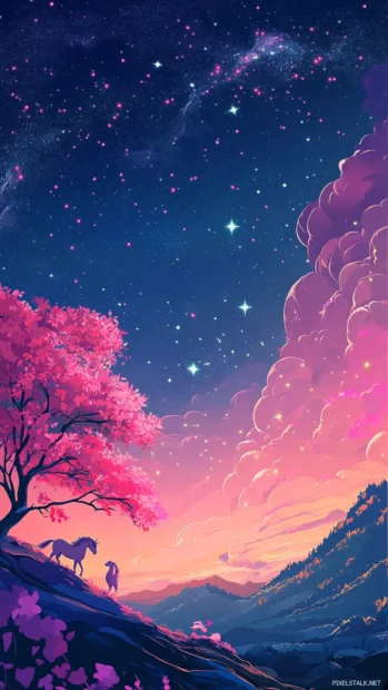 Dancing unicorns under a starry sky in a magical pink wallpapers for girls creation.