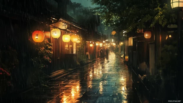 Dark Japanese street with rain reflections and lantern lights, for fans of anime themed Dark PC Wallpapers.