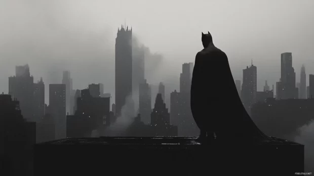 Dark Knight silhouette over Gotham skyline, perfect for Batman PC Wallpapers fans.