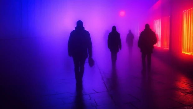 Dark Neon wallpapers, Shadowy figures walking through misty neon street.