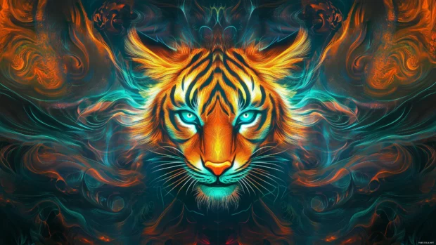 Dark abstract background with fierce neon tiger, glowing orange blue green lines, powerful eyes, detailed fur.