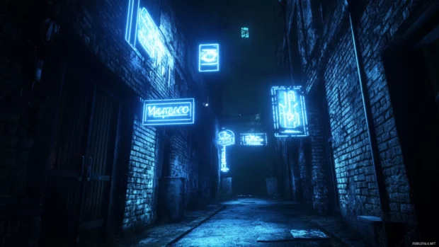 Dark alley illuminated by flickering blue neon signs.