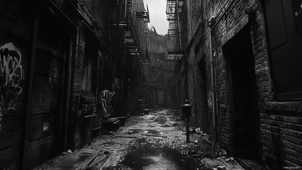 Dark alley with black graffiti.