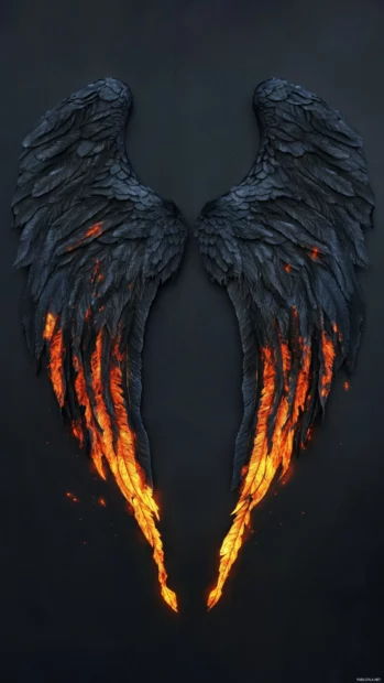 Dark angel wings with glowing edges folded over a black backdrop.