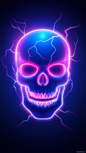 Dark background, neon blue skull, sharp edges, pink purple highlights.