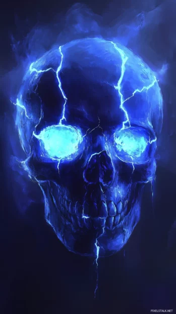 Dark blue skull, neon blue cracks, glowing in a smoky, eerie atmosphere.