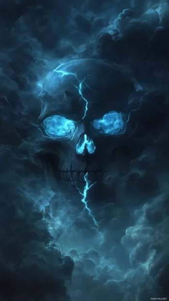 Dark blue skull with glowing neon cracks, smoky mysterious atmosphere.