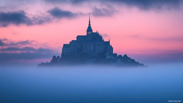 Dark castle emerging from a sea of mist under a twilight sky.