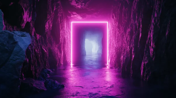 Dark cave entrance glowing with thin black neon lights.
