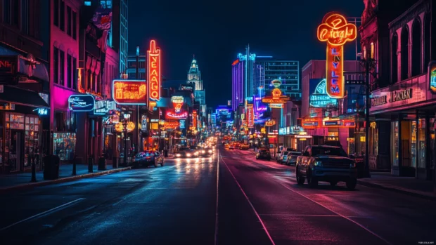 Dark city street lined with floating neon signs.