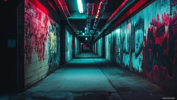 Dark cyberpunk corridor lit by pulsating overhead tubes and wall graffiti.