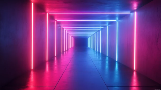 Dark cyberpunk world illuminated by endless neon lights, High tech neon cyberpunk world.