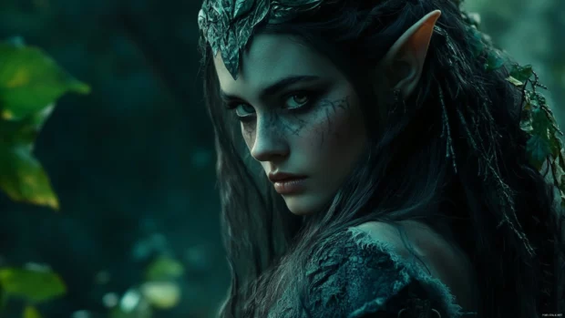 Dark elf in enchanted woods, a beautiful choice for fantasy desktop wallpapers in 4K.