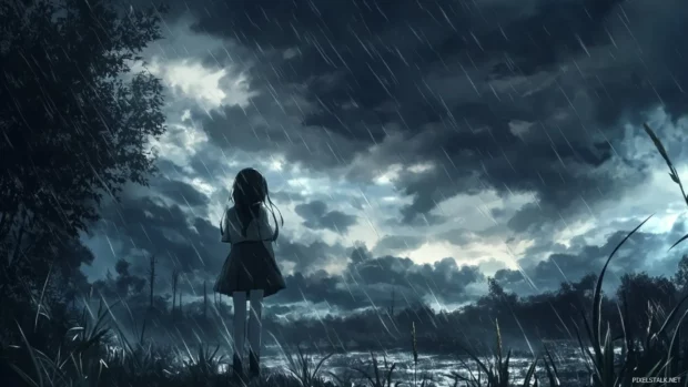 Dark fantasy anime landscape with stormy sky, anime background image for PC.