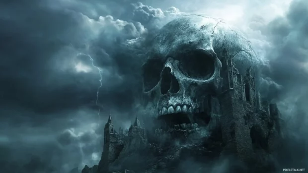 Dark fantasy skull desktop wallpapers HD with storm clouds and gothic ruins.