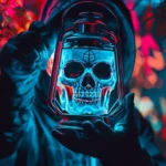 Dark figure holding neon skull lantern.