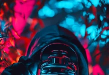 Dark figure holding neon skull lantern.