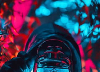 Dark figure holding neon skull lantern.
