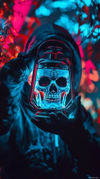 Dark figure holding neon skull lantern.
