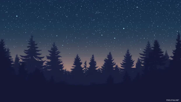 Dark forest silhouette under starry sky, perfect for Dark PC Wallpapers.