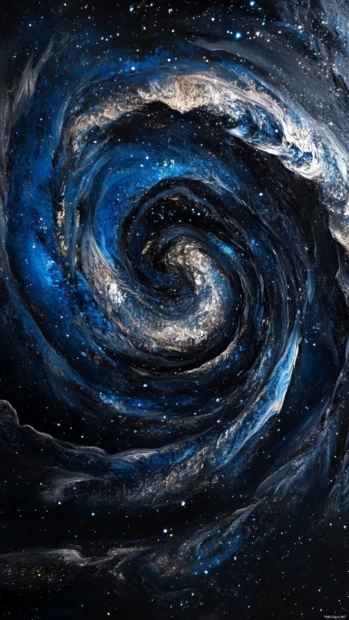 Dark galaxy swirl with glowing blue and silver stars.