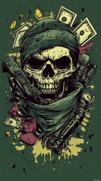 Dark gritty skull, bandana, cards, cash, guns.