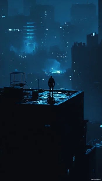 Dark neon city wallpaper featuring a lone vigilante on a rooftop.