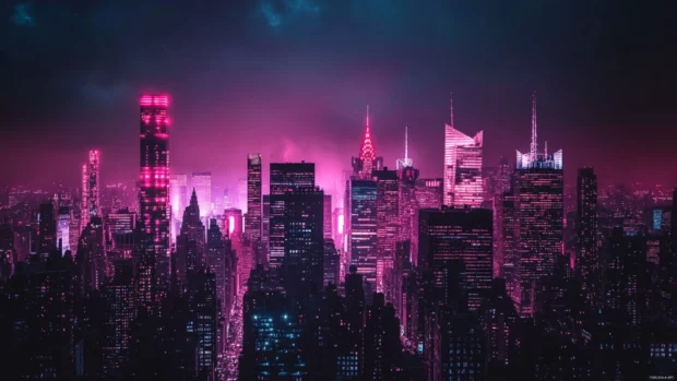 Dark neon cityscape wallpaper, Abstract spirals of dark neon energy in void.