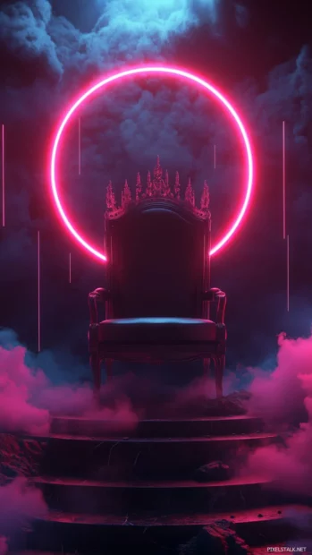 Dark neon crown floating above empty throne.