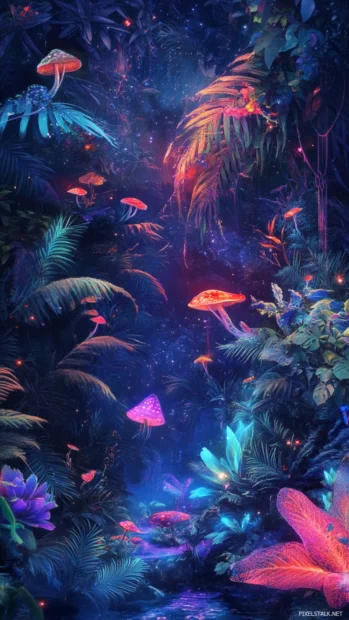 Dark neon jungle with glowing creatures and vapor haze, perfect for trippy wallpaper lovers.