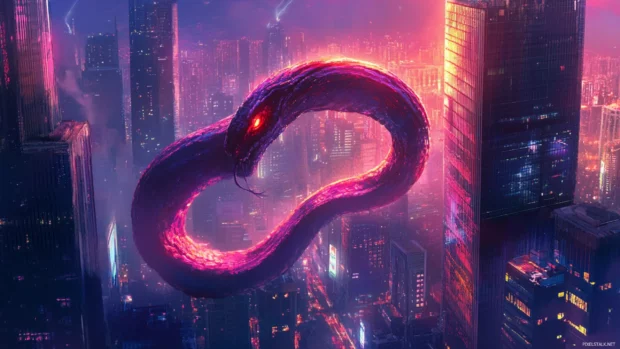Dark neon serpent coiling around skyscrapers.