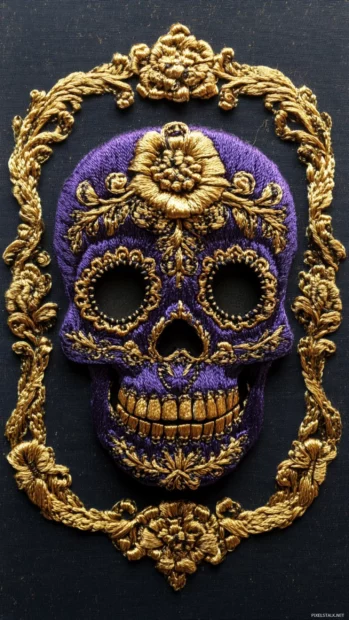 Dark purple sugar skull resting in golden embroidery frame.