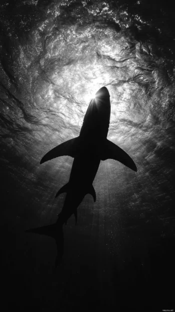 Dark sea floor beneath gliding shark shadow with minimal color.