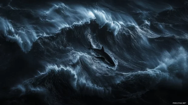 Dark shark wallpaper with moody shadows and stormy waves.
