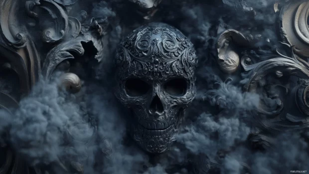Dark skull, ornate engravings, subtle glowing smoke effects.