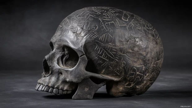 Dark skull, rough cracked textures, tribal engravings, shadowy backdrop.