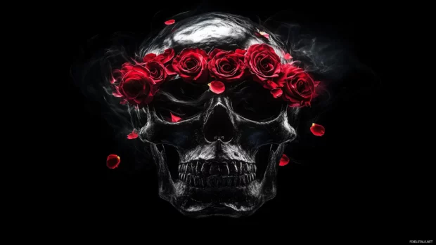 Dark skull, vivid red roses, delicate petals, smoke effects, gothic style.
