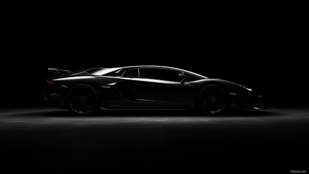 Dark themed Lamborghini Aventador under spotlight with deep contrast.