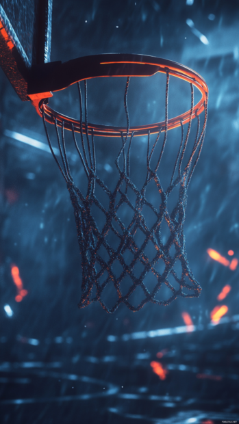Dark themed cool basketball scene with glowing net and digital shadows.