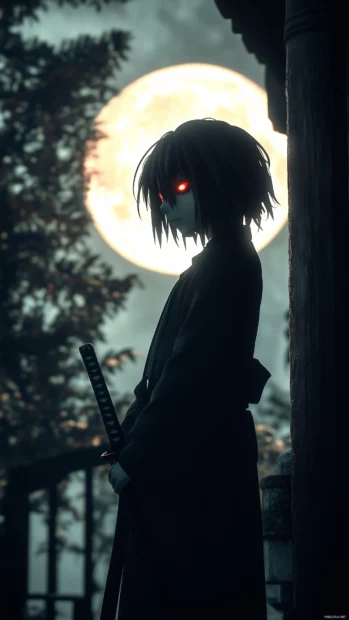 Dark trench coat anime boy, glowing red eyes, katana, moonlit background.