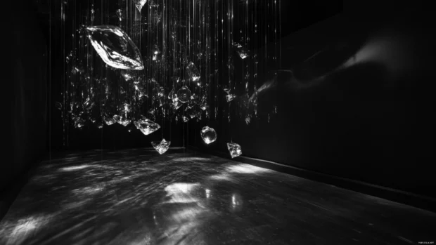 Dark trippy composition of glass tendrils and floating geometric echoes in total silence.