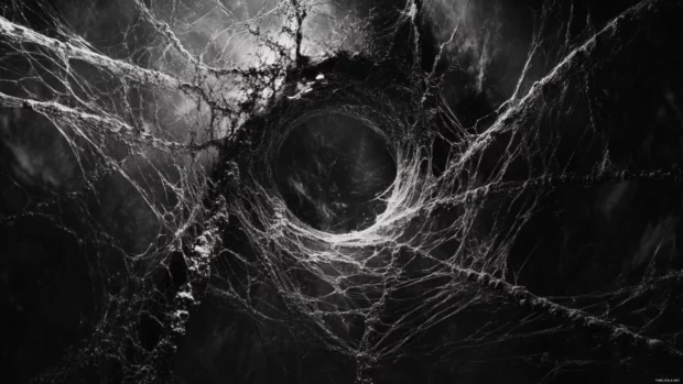 Dark trippy design of spiraling shadows and electric webs wrapping around an unknown core.
