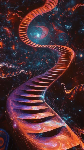Dark trippy illusion with endless loop staircase and bending time echoes.