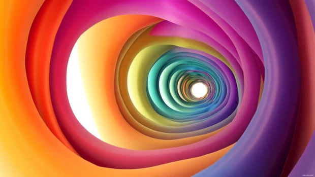 Dark trippy motion of overlapping color spirals floating through transparent tunnels.